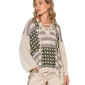 Aquarius Brand Olive/Ash Mauve Oversize Americana Beach Coastal Hooded Sweater M